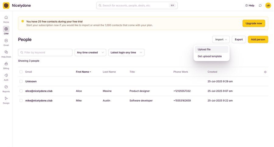 Outseta
			import list filters upgrade your account sidebar navigation export full-screen layout data display dropdown filters alert menu table ui page example