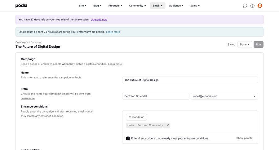 Podia
			 e-commerce form conditional logic full-screen layout customer engagement campaign management create campaign creation ui page example