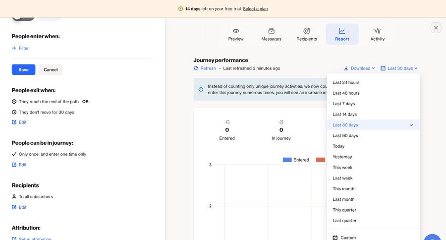 Ortto
			 data analysis dropdown filters data visualization download report analytics marketing analytics ui page example