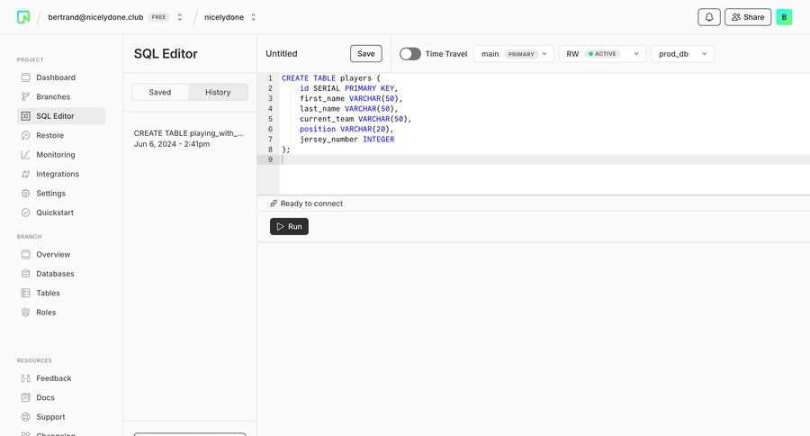 Neon
			 data management sidebar navigation editor code editing sidebar menu changelog version history database management ui page example