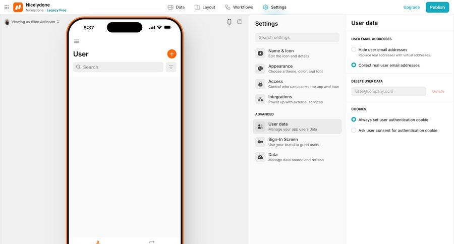 Glide
			 settings user management user access control user data ui page example
