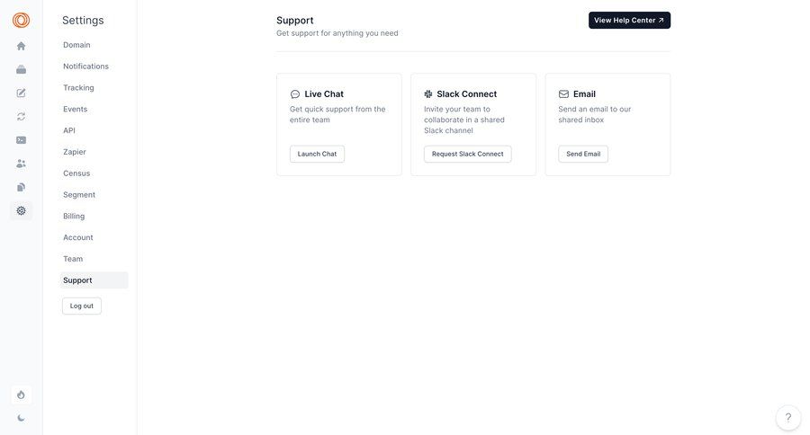 Loops
			 settings account management account settings sidebar customer support live chat ui page example