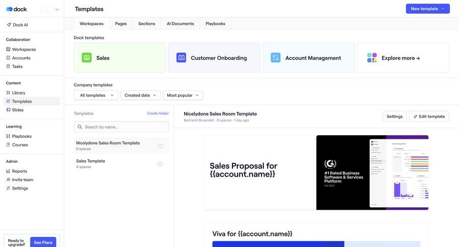 Dock
			 content management collaboration dashboard sidebar navigation account management template library data analytics hierarchical navigation call to action sidebar data visualization pagination template creation card layout b2b saas ui page example