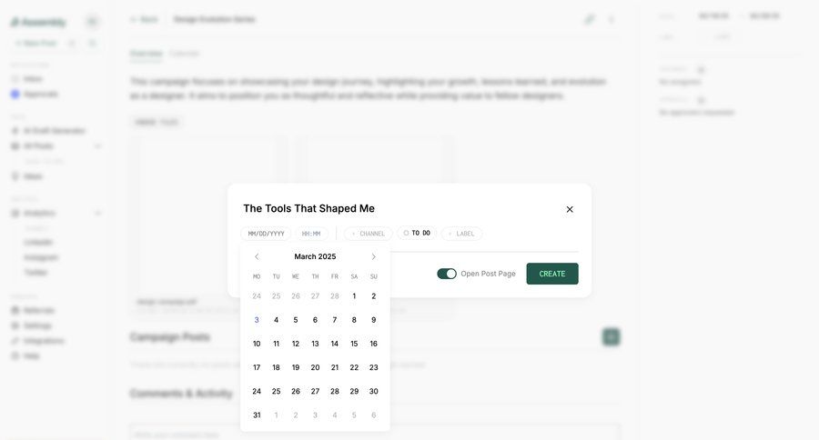 Assembly
			calendars content editor modal & popover modal screen content management form date picker datepicker chonology time picker time selector ui page example