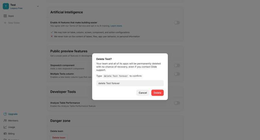 Glide
			 settings delete confirmation modal dialog confirmation message ui page example
