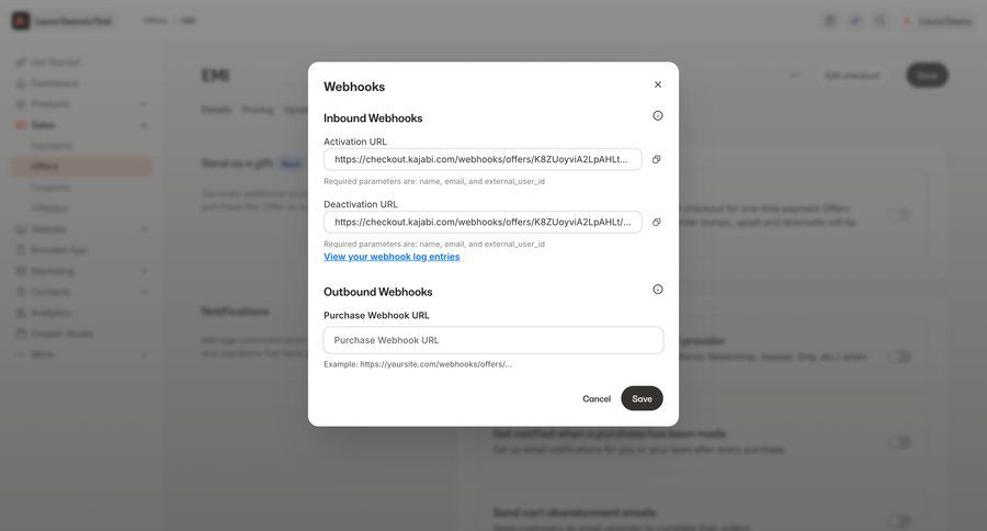 Kajabi
			 configuration settings e-commerce form automation modal dialog webhook management ui page example