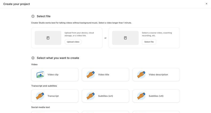 Kajabi
			 content management grid project setup file upload project creation email video editor call recording call transcript create generate upload file announcement transcript ui page example