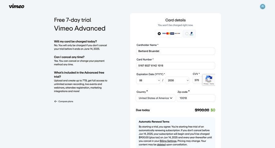 Vimeo
			 form subscription management full screen modal trial checkout free trial payment processing ui page example