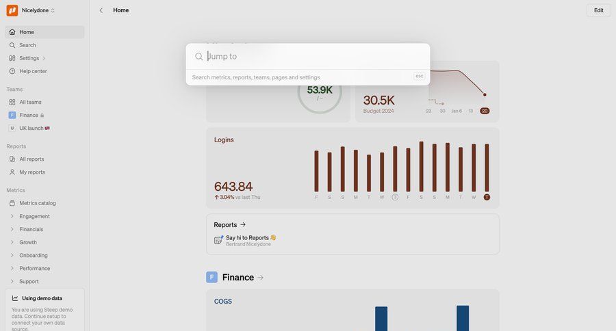 Steep
			modal & popover command palette dashboard sidebar navigation onboarding finance data analysis dashboard overview sidebar navigation menu data visualization business intelligence search bar analytics ui page example