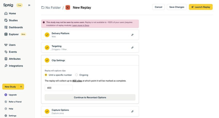 Sprig
			 configuration form user research save changes sidebar alert new create setup newsfeed ui page example