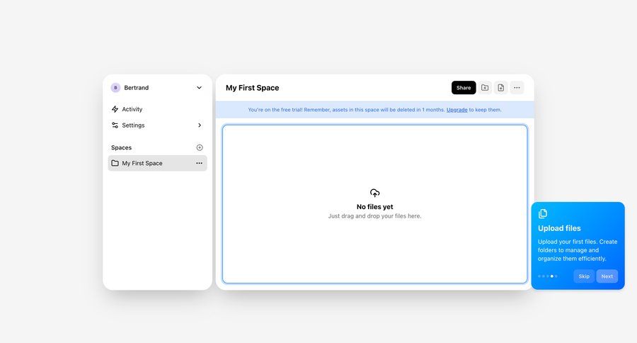 Shuttle
			 collaboration dashboard sidebar navigation project management grid onboarding file upload file management file organization drag and drop upload image empty state illustration sidebar blank state void blank non-ideal state empty page prompt file uploader upload file upload media upload documents media assets file picker avatar upload ui page example