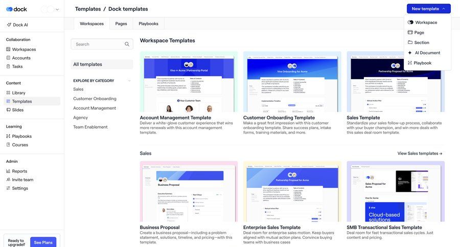 Dock
			 content management sidebar navigation artificial intelligence account management grid templates template library document creation template selection call to action sidebar navigation bar menu progress progress bar modern template creation b2b saas ui page example