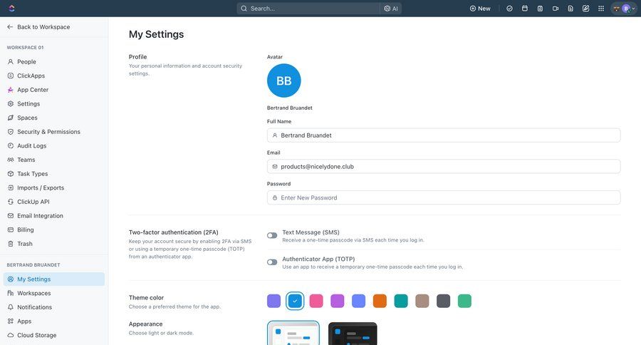 ClickUp
			 settings sidebar navigation account management form account setup user settings save changes user permissions audit log color theme sidebar security user profile preferences user keyboard shortcuts timezone selector offline mode security configuration ui page example