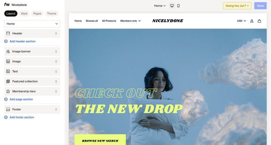 Fourthwall
			 content management e-commerce grid editor design drag and drop content blocks sidebar ui page example
