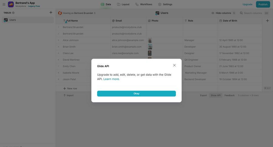 Glide
			list modal & popover table upgrade your account data management ui page example