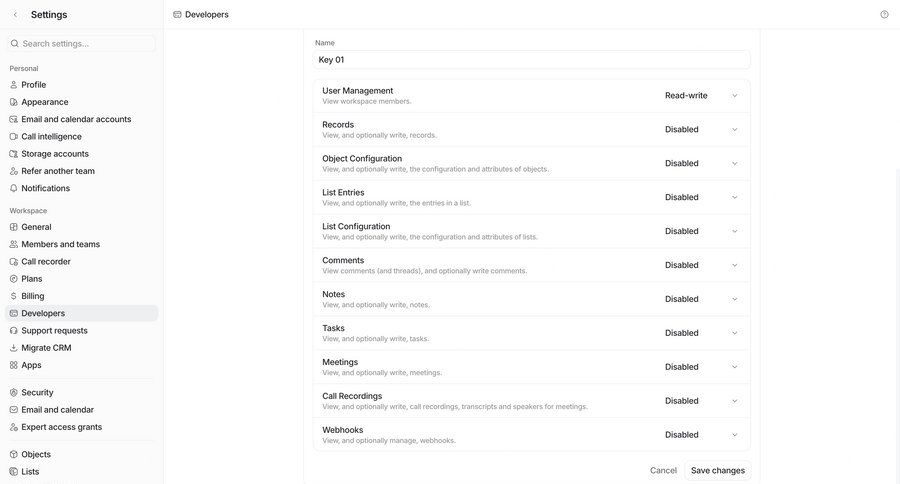 Attio
			 configuration settings sidebar navigation access control ui page example