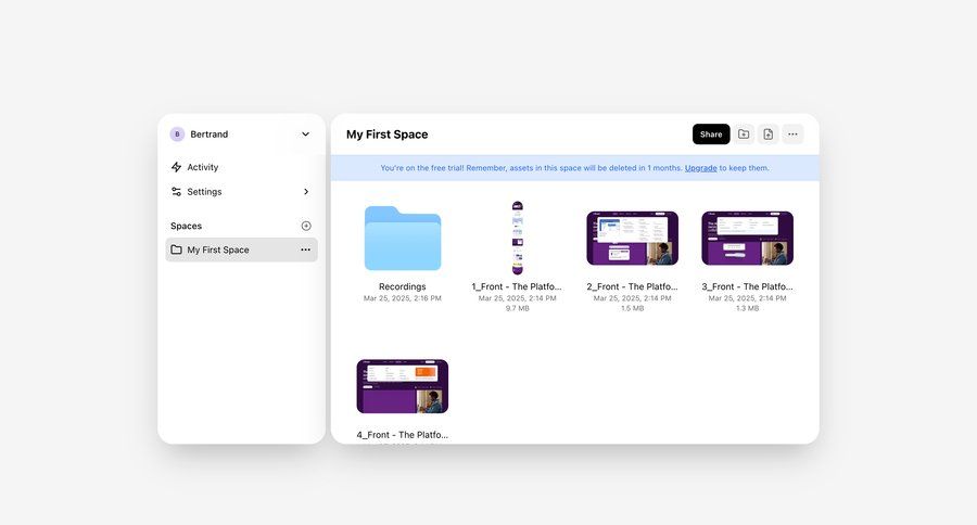 Shuttle
			 collaboration sidebar navigation grid file management user account file list screen content hierarchy document list call recording sidebar lists menu folder upload file ui page example