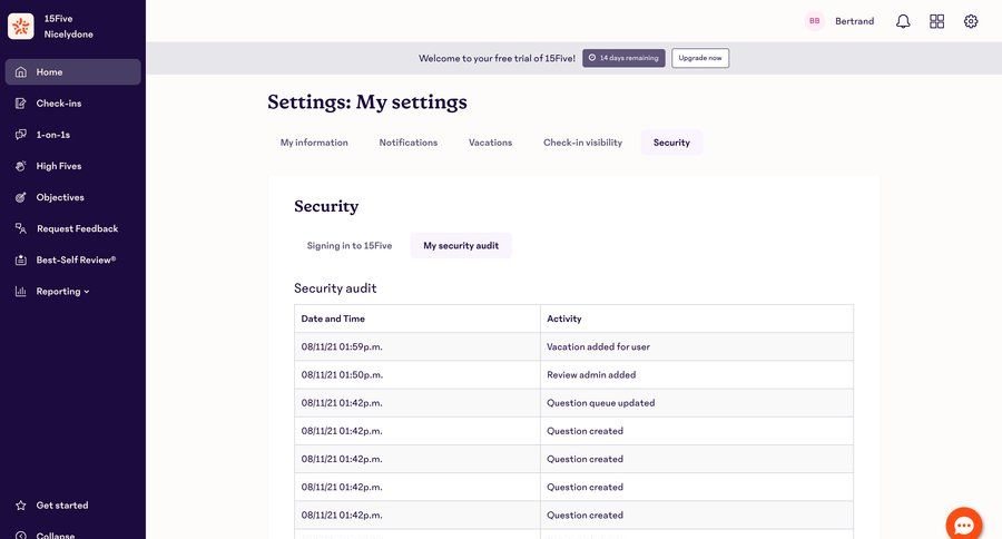 15Five
			 user account sidebar settings security user management table account management pagination security audit ui page example