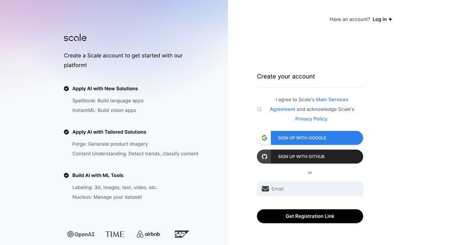 Scale
			signup onboarding form artificial intelligence account management onboarding account creation full-screen layout content hierarchy ui page example