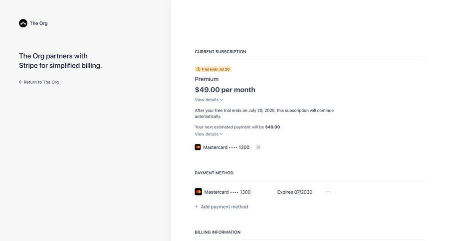 The org
			 settings account management form account settings subscription management payment method ui page example
