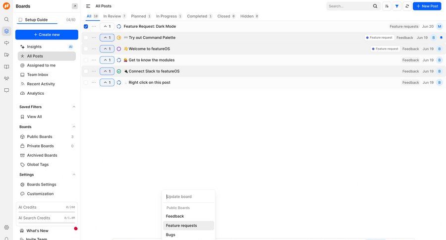 FeatureOS
			 task management collaboration sidebar navigation project management feedback collection create menu update review ui page example