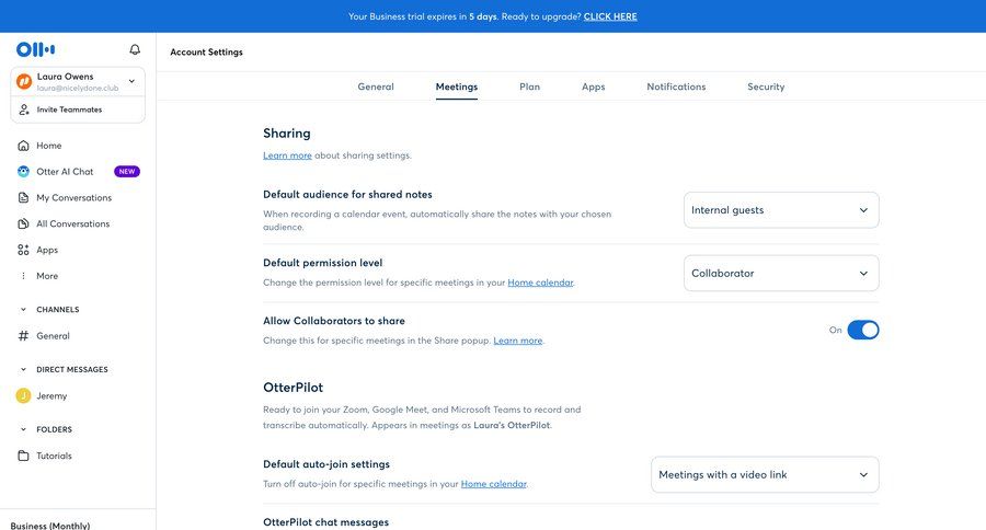Otter
			settings team account settings notification settings collaboration configuration settings sidebar navigation automation account setup account settings ai assistance call recording call transcript sidebar tips meeting transcript sharing permissions ui page example
