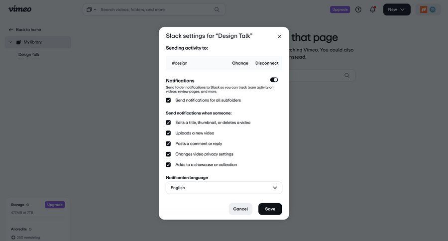 Vimeo
			settings integrations notification settings configuration settings notification settings ui page example