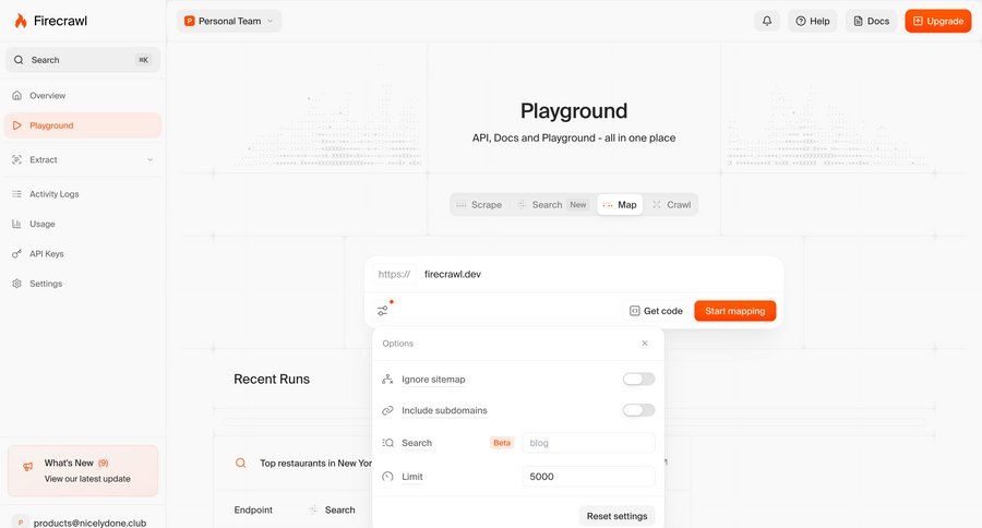 Firecrawl
			 dashboard form data analytics sidebar table mapping ui page example