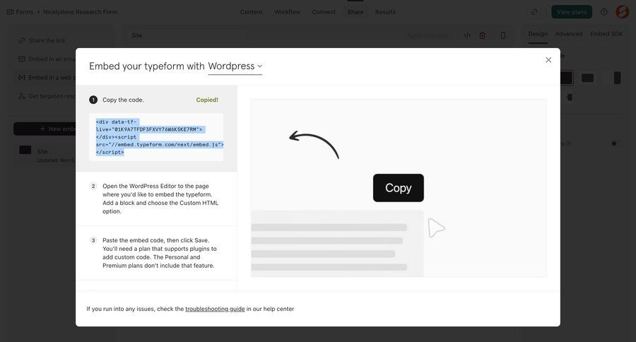 Typeform
			 integration setup share modal ui page example