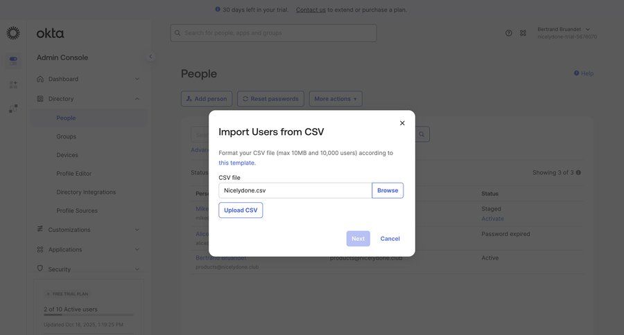 Okta
			 user management modal dialog trial banner bulk import ui page example