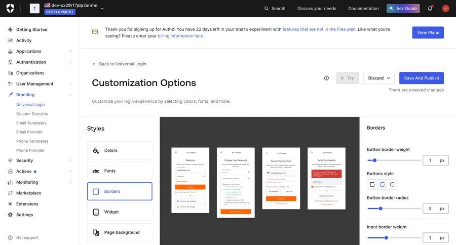 Auth0
			 configuration settings sidebar navigation form customize real-time preview style customization save changes rounded corners getting started login sidebar connection auth signin sign in log in login page modern ui page example
