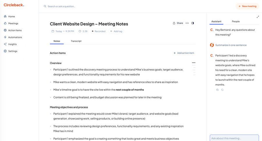 Circleback
			 collaboration sidebar navigation project management right sidebar meeting transcript ui page example