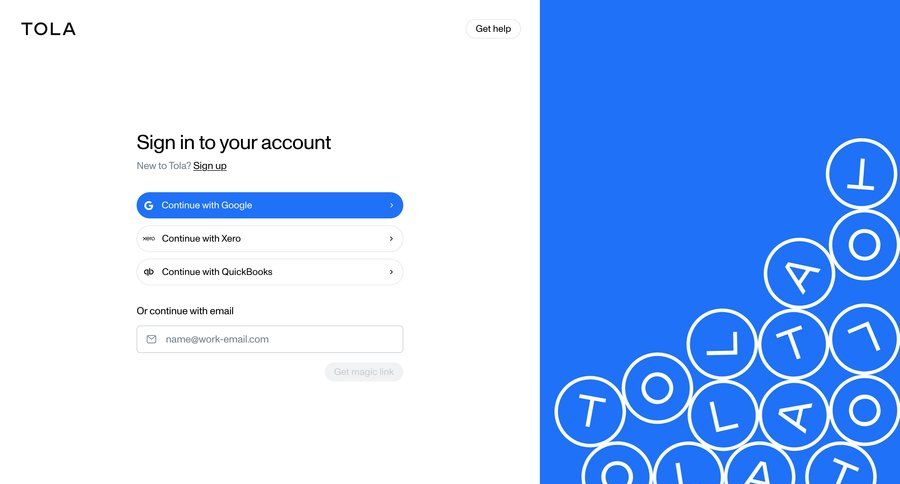Tola
			 login authentication sign in account creation login page user authentication form user management connection log in accounting integrations audit log signin ui page example