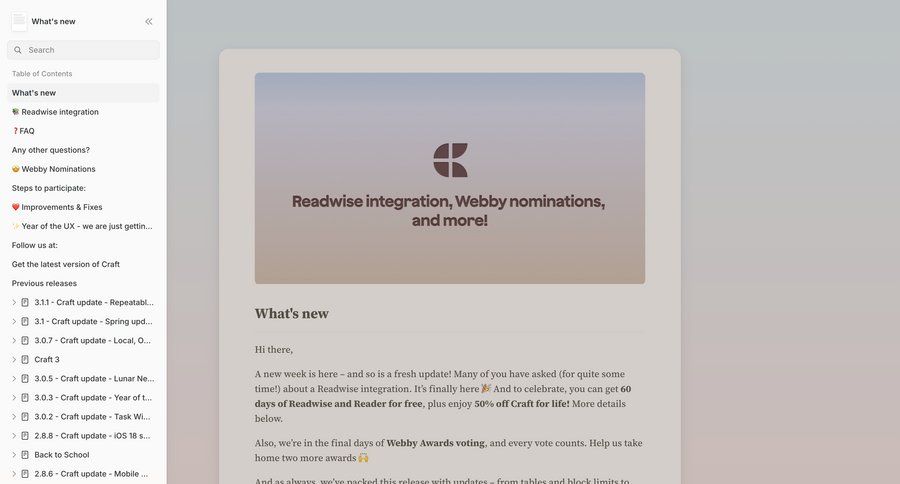 Craft
				changelog ui page example