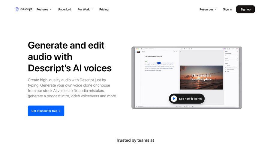 Descript
			 video editor call recording call transcript timeline ui edit mode voice real-time editing affiliate program transcript ui page example