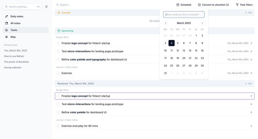 Reflect
			 task management project management full-screen layout typography color palette sidebar date picker datepicker chonology time picker date filter time selector ui page example
