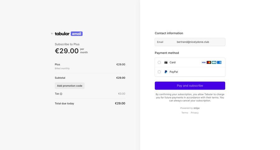 Tabular
			checkout form plans & pricing (in app) form subscription management email payment method ui page example