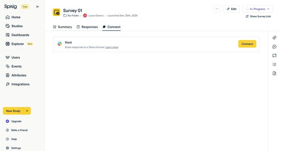 Sprig
			 sidebar navigation user research data analysis integration setup sidebar detail view info view integration data integration ui page example
