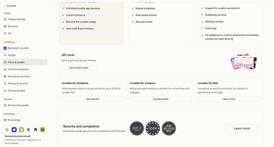 Lovable
			 account management workspace settings security compliance ui page example