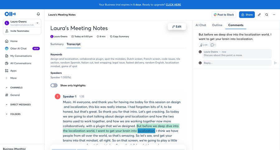 Otter
			 collaboration sidebar navigation split view reviewing meeting transcript right sidebar content blocks call transcript sidebar menu tips meeting media player summary transcript localization sharing ui page example