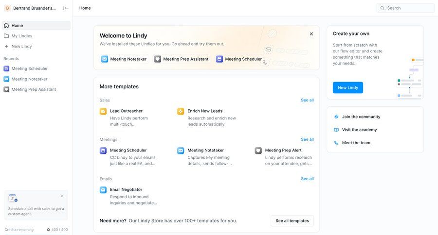 Lindy
			create home onboarding collection workspace settings content management dashboard sidebar navigation onboarding automation templates template library content discovery template selection navigation sidebar call to action ui page example