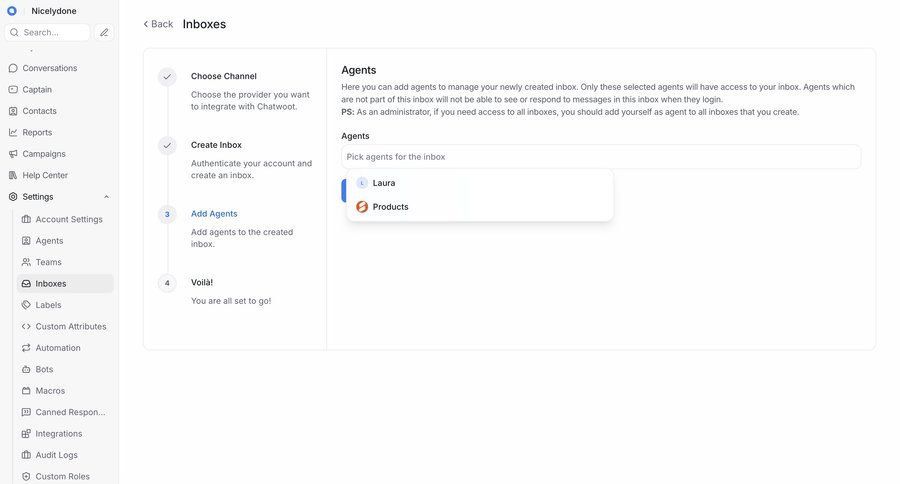 Chatwoot
			 configuration settings onboarding automation inbox management inbox sidebar user profile setup navigation bar integration search bar configuration screen ui page example