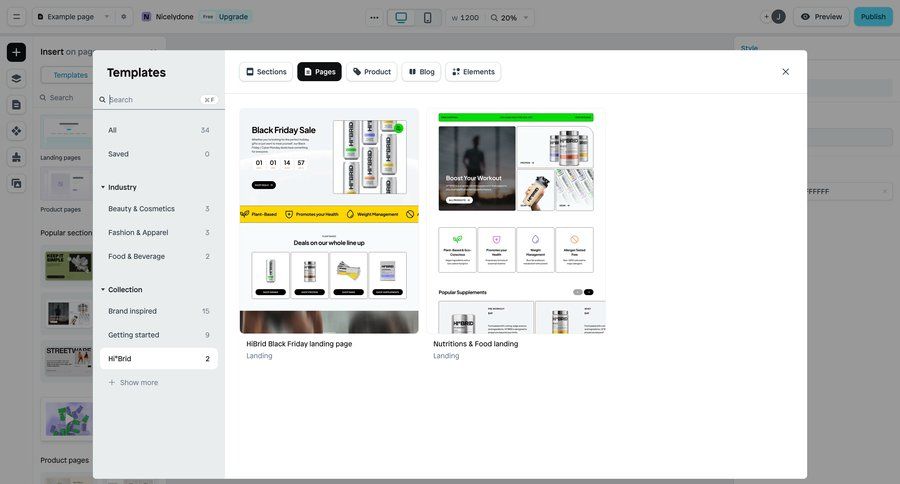 Instant
			 e-commerce grid editor templates template library template selection upgrade modal free templates dropdown filters wysiwyg sidebar blog templates ui page example