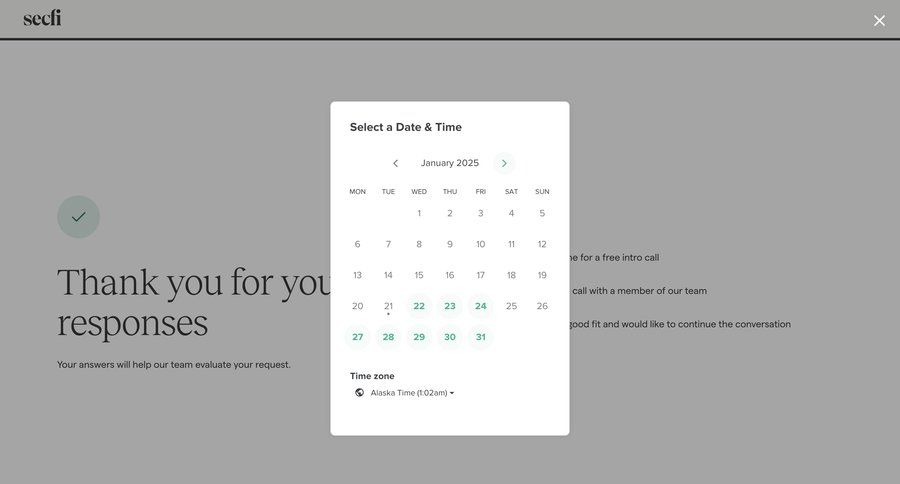 Secfi
			calendars confirmation modal screen grid confirmation date picker datepicker chonology time picker time selector timezone selector time management ui page example