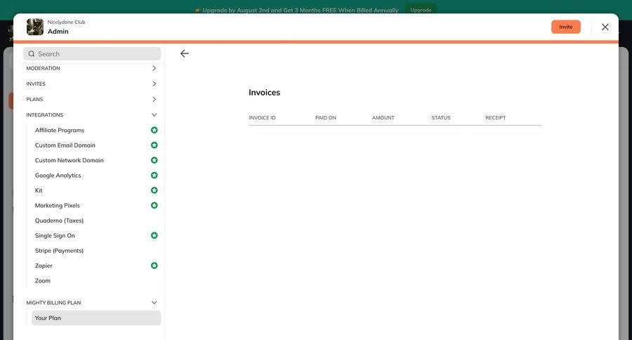 Mighty
			 settings sidebar navigation account management payment history sidebar menu table ui page example