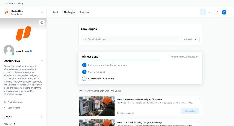 Kajabi
			activity feed timeline community design progress indicator progress tracking rounded corners sidebar recent activity social feed newsfeed activity stream progress circle timeline ui progress bar ui page example
