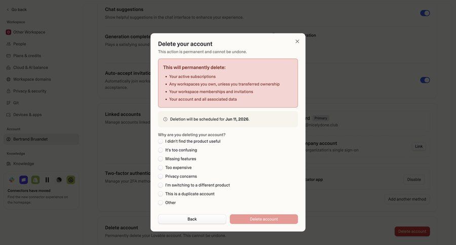 Lovable
			 account management confirmation screen account settings account deletion feedback collection user feedback cancel deletion alert data privacy ui page example