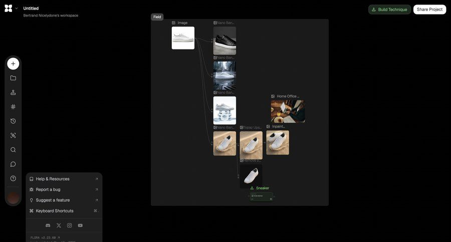 Flora
			 project management artificial intelligence grid editor progress indicator workflow builder workflow automation project creation dark theme sidebar menu modern contextual help node based editor ui page example