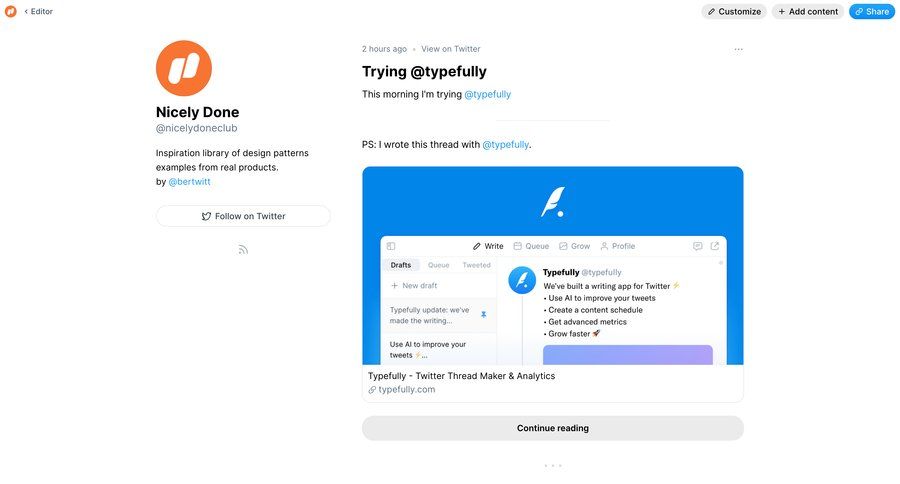 Typefully
			 content sharing product discovery rounded corners social feed ui page example