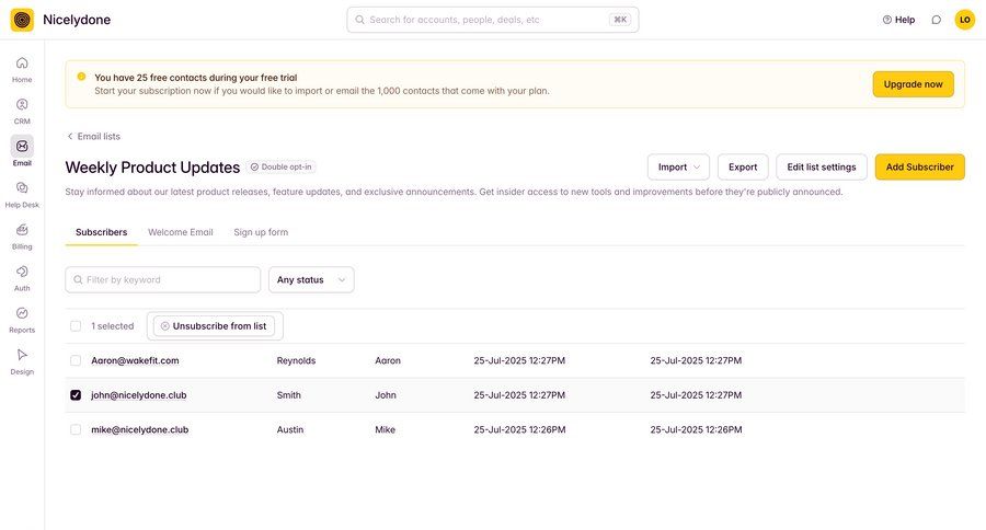 Outseta
			 export subscription management full-screen layout email management dropdown filters alert communication table ui page example